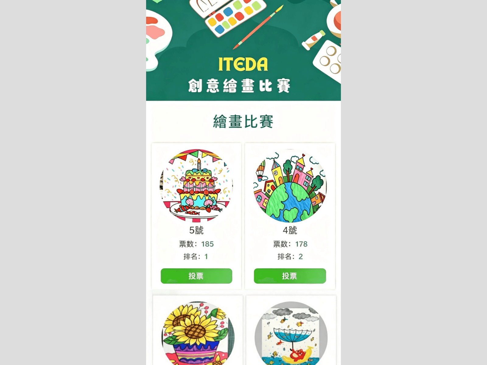 假投票頁:ITEDA 創意繪畫比賽,一排兒童畫作與假票數,每張下面一個綠色投票鈕